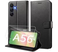 Coque portefeuille en cuir - MASSILIA TECH - GALAXY A56 5G - Noir - 2 vitres en verre trempé - Souple