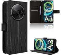 Coque Portefeuille Fibre Pour Redmi A3 - Étui Flip Protecteur Avec Fonction Support, 3 Fentes Cartes + Poche Billets, Fermeture Magnétique, Noir