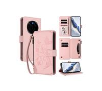 Coque Portefeuille Honor Magic 7 Pro Papillon Cuir PU Aimant Zip Béquille Fentes Cartes Sangle Rose