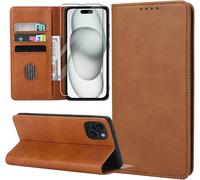 Coque Portefeuille Iphone 15 En Cuir Pu Marron Avec Verre Trempé, 3 Emplacements Cartes + Poche, Fermeture Magnétique Antichoc Et Support