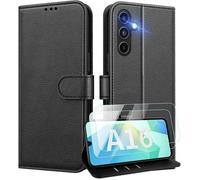 Coque portefeuille - MASSILIA TECH - SAMSUNG GALAXY A16 - Cuir noir - 2 vitres en verre trempé - Souple