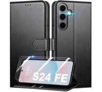 Coque portefeuille - MASSILIA TECH - SAMSUNG GALAXY S24 FE - Cuir noir mat - 2 vitres en verre trempé - Souple