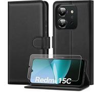 Coque portefeuille - MASSILIA TECH - XIAOMI REDMI 15C - Cuir noir mat - 2 vitres en verre trempé - Souple