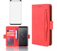 Coque Portefeuille Pour Samsung Galaxy S9 (Sm-G960f) - Cuir Pu À Clapet, Verre Trempé Inclus, Porte-Cartes 5 Emplacements, Coque Tpu Antichoc Avec Support Et Lanière - Rouge