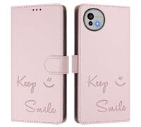 Coque Portefeuille pour Sharp Aquos Wish 6 en Cuir PU, Motif Embossé Keep Smile, Protection RFID, Fonction Support, Fermeture Magnétique avec Cordon à Main.A02