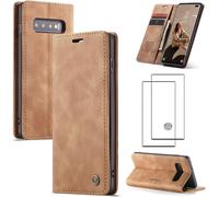 Coque Portefeuille Simili Cuir Marron Pour Samsung Galaxy S10 Plus ¿ Aimantée, Porte¿Cartes, Bumper Tpu, Support Pliable + Verre Trempé Hd