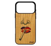 Coque Portrait Pour Iphone 17 Pro Max En Bois Silicone Tpu Femme Dessin Abstrait Bouche Rigide Case Housse Bisou Cigarette Levres