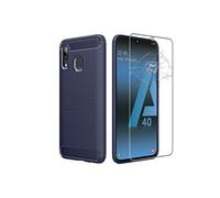 Coque pour A40 Galaxy SM-A405F Gel Silicone Motif Fibre Carbone Premium, Bleu Foncé + Film VERRE Trempé