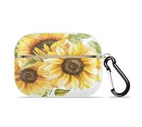 Coque pour Airpod à motif tournesol aquarelle avec porte-clés - Protection intégrale rigide - Fleur de tournesol compatible avec l'étui de chargement Apple AirPods Pro (doré)