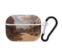 Coque pour AirPod Pro 2 avec porte-clés, coque antichoc Old Wild West Cowboy Town compatible avec AirPod Pro 2e/1ère génération, prend en charge le chargement sans fil, LED avant visible, blanc