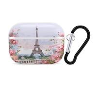 Coque pour Airpod Pro avec clip de verrouillage sécurisé - Tour Eiffel rigide avec fleurs - Coque de protection compatible avec Airpod Pro 2e/1ère génération - Pour homme et femme - LED avant visible