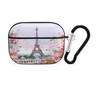 Coque pour Airpod Pro avec clip de verrouillage sécurisé - Tour Eiffel rigide avec fleurs - Coque de protection compatible avec Airpod Pro 2e/1ère génération - Pour homme et femme - LED avant visible