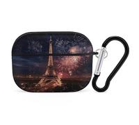 Coque pour Airpod Pro avec clip de verrouillage sécurisé - Tour Eiffel rigide - Feux d'artifice - Compatible avec Airpod Pro 2e/1ère génération - Pour homme et femme - LED avant visible - Noir