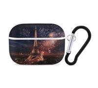 Coque pour Airpod Pro avec clip de verrouillage sécurisé - Tour Eiffel rigide - Feux d'artifice - Compatible avec Airpod Pro 2e/1ère génération - Pour homme et femme - LED avant visible - Blanc