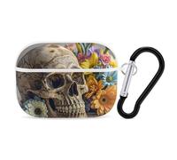 Coque pour AirPod Pro motif crâne et fleurs antiques, coque rigide anti-rayures en polycarbonate avec porte-clés, accessoires pour AirPod Pro 2e/1ère coque pour homme et femme, style blanc