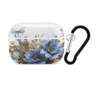 Coque pour AirPod Pro, motif fleurs bleues et libellule en polycarbonate rigide avec porte-clés, accessoires pour AirPod Pro 2e/1ère coque pour homme et femme, style blanc