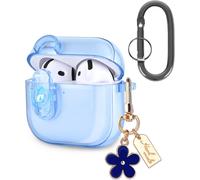 Coque pour Airpods 4, Transparent Étui avec Serrure TPU Doux Housse avec Mousqueton et Pendentif à Fleur Antichoc de Protection Portable Protege Compatible avec Airpods 4eme Generation Bleu
