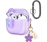 Coque pour Airpods 4, Transparent Étui avec Serrure TPU Doux Housse avec Mousqueton et Pendentif à fleur Antichoc de Protection Portable Protege Compatible avec Airpods 4eme Generation Violet