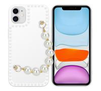 Coque pour Apple iPhone 11 en Blanc avec perles Housse de protection Étui en silicone TPU flexible et avec tour de cou chaîne de poignet
