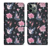 Coque pour Apple iPhone 11 PRO Design Grue & Fleurs No. 9 Housse de protection Étui avec fermeture magnétique, fonction de support et compartiment pour carte