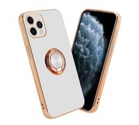 Coque pour Apple iPhone 11 PRO MAX en Glossy Blanc - Or avec anneau Housse de protection Étui en silicone TPU flexible, avec protection pour appareil photo et support voiture magnétique