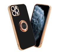 Coque pour Apple iPhone 11 PRO MAX en Glossy Noir - Or avec anneau Housse de protection Étui en silicone TPU flexible, avec protection pour appareil photo et support voiture magnétique