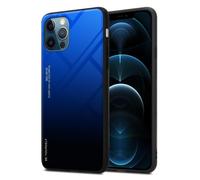 Coque pour Apple iPhone 12 / 12 PRO en BLEU - NOIR Housse de protection Étui bicolore en silicone TPU et dos en verre trempé