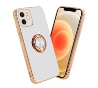 Coque pour Apple iPhone 12 en Glossy Blanc - Or avec anneau Housse de protection Étui en silicone TPU flexible, avec protection pour appareil photo et support voiture magnétique