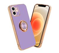 Coque pour Apple iPhone 12 en Glossy Lilas Clair - Or avec anneau Housse de protection Étui en silicone TPU flexible, avec protection pour appareil photo et support voiture magnétique