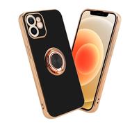 Coque pour Apple iPhone 12 en Glossy Noir - Or avec anneau Housse de protection Étui en silicone TPU flexible, avec protection pour appareil photo et support voiture magnétique