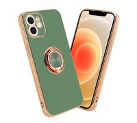 Coque pour Apple iPhone 12 en Glossy Vert Clair - Or avec anneau Housse de protection Étui en silicone TPU flexible, avec protection pour appareil photo et support voiture magnétique