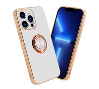Coque pour Apple iPhone 13 PRO en Glossy Blanc - Or avec anneau Housse de protection Étui en silicone TPU flexible, avec protection pour appareil photo et support voiture magnétique