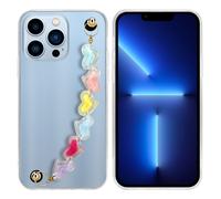 Coque pour Apple iPhone 13 PRO en Transparent avec des cœurs colorés Housse de protection Étui en silicone TPU flexible et avec tour de cou chaîne de poignet
