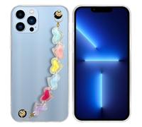 Coque pour Apple iPhone 13 PRO MAX en Transparent avec des cœurs colorés Housse de protection Étui en silicone TPU flexible et avec tour de cou chaîne de poignet