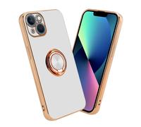 Coque pour Apple iPhone 14 en Glossy Blanc - Or avec anneau Housse de protection Étui en silicone TPU flexible, avec protection pour appareil photo et support voiture magnétique
