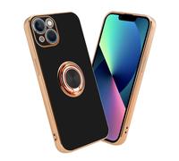 Coque pour Apple iPhone 14 en Glossy Noir - Or avec anneau Housse de protection Étui en silicone TPU flexible, avec protection pour appareil photo et support voiture magnétique