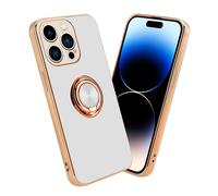 Coque pour Apple iPhone 14 PRO en Glossy Blanc - Or avec anneau Housse de protection Étui en silicone TPU flexible, avec protection pour appareil photo et support voiture magnétique