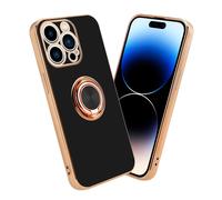 Coque pour Apple iPhone 14 PRO en Glossy Noir - Or avec anneau Housse de protection Étui en silicone TPU flexible, avec protection pour appareil photo et support voiture magnétique