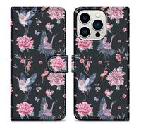 Coque pour Apple iPhone 14 PRO Design Grue & Fleurs No. 9 Housse de protection Étui avec fermeture magnétique, fonction de support et compartiment pour carte