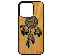Coque Pour Apple Iphone 16 Pro Bois Veritable Silicone Attrape Reve Dessin Jolie Femme Bleu Pastel Plume Etui Dreamcatcher Azteque