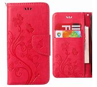 Coque pour Asus Zenfone 3 Max / ZC520TL Etui, Ougger Fleur Papillon Housse PU Cuir Magnétique Silicone Protecteur Flip Pochette Caoutchouc Cover avec Fente pour Carte (Rose Red)