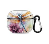 Coque pour écouteurs Bluetooth avec motif libellule peinture aquarelle - Coque de protection intégrale contre les chocs - Coque rigide - Prend en charge le chargement sans fil avec porte-clés - Cadeau