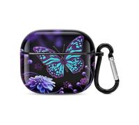 Coque pour écouteurs Bluetooth avec motif papillon et fleurs violets - Protection intégrale contre les chocs - Coque rigide - Prend en charge le chargement sans fil avec porte-clés - Cadeau