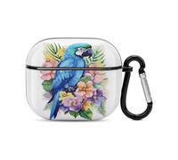 Coque pour écouteurs Bluetooth avec motif perroquet bleu en fleurs, protection intégrale contre les chocs, coque rigide pour le chargement sans fil avec porte-clés, cadeau personnalisé pour AirPods 3
