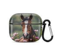 Coque pour écouteurs Bluetooth chevaux et fleurs - Protection intégrale contre les chocs - Coque rigide - Prend en charge le chargement sans fil avec porte-clés - Cadeau personnalisé pour AirPods 3