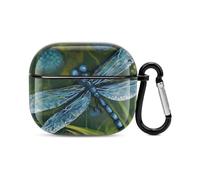 Coque pour écouteurs Bluetooth peinte à la main - Motif libellule bleue - Protection intégrale contre les chocs - Coque rigide - Prend en charge le chargement sans fil avec porte-clés - Cadeau