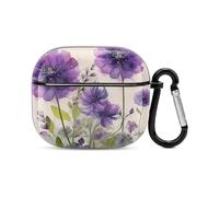 Coque pour écouteurs Bluetooth style aquarelle fleurs violettes - Protection intégrale contre les chocs - Coque rigide - Prend en charge le chargement sans fil avec porte-clés - Cadeau personnalisé