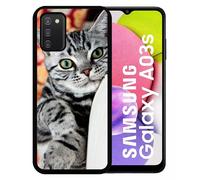Coque Pour Galaxy A03s - Chat Tigré Gris Yeux Vert - Silicone - Noir