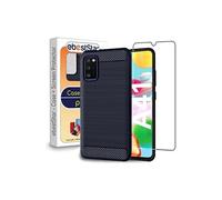 Coque pour Galaxy A41 Gel Silicone Motif Fibre Carbone Premium, Bleu Foncé + Film VERRE Trempé