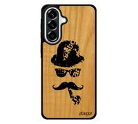 Coque pour Galaxy A57 5G en Bois Silicone Moustache Charlie Chaplin Vintage Peinture Housse Pipe Noir Portable Homme Art Unique pour Samsung
